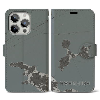 【粟島（香川県）】地図柄iPhoneケース（手帳タイプ）モノトーン・iPhone 15 Pro 用