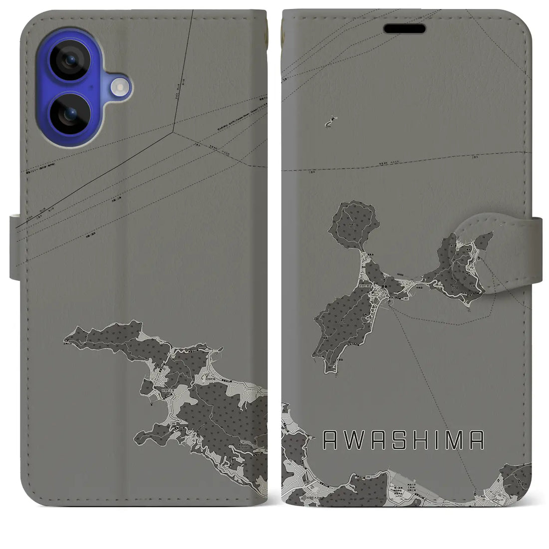 【粟島(香川県)】地図柄iPhoneケース(手帳タイプ)モノトーン・iPhone 16 Pro Max 用