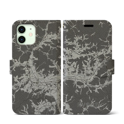 【綾部（京都府）】地図柄iPhoneケース（手帳タイプ）モノトーン・iPhone 12 mini 用