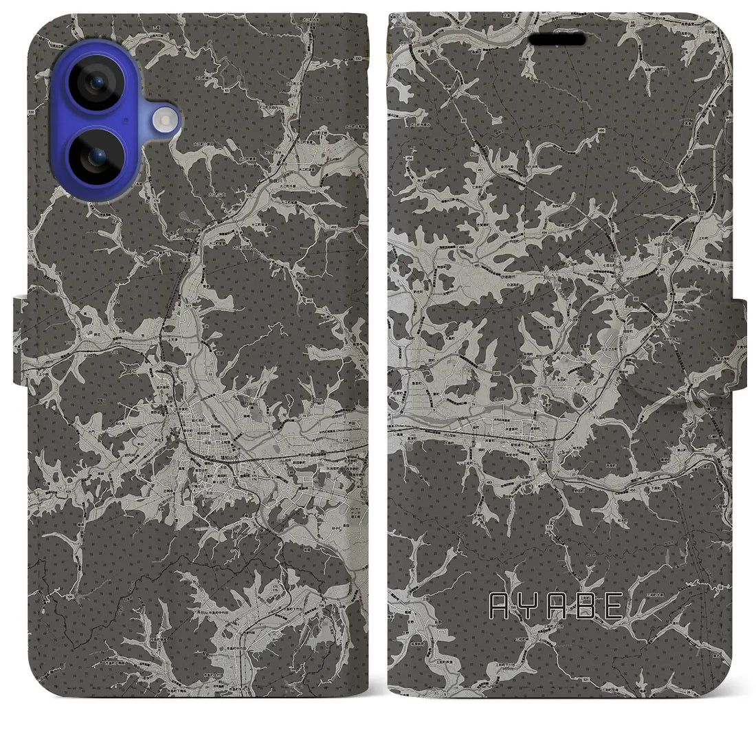 【綾部(京都府)】地図柄iPhoneケース(手帳タイプ)モノトーン・iPhone 16 Pro Max 用