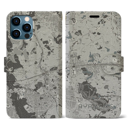 【菖蒲池（奈良県）】地図柄iPhoneケース（手帳タイプ）モノトーン・iPhone 12 / 12 Pro 用