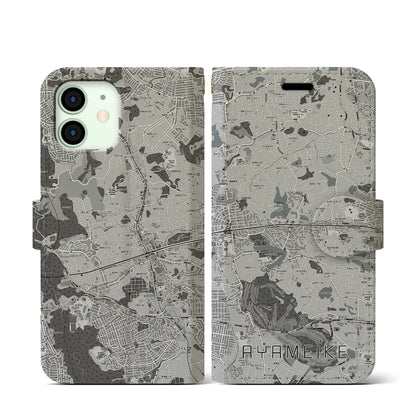 【菖蒲池（奈良県）】地図柄iPhoneケース（手帳タイプ）モノトーン・iPhone 12 mini 用