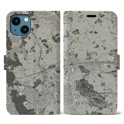 【菖蒲池（奈良県）】地図柄iPhoneケース（手帳タイプ）モノトーン・iPhone 13 用