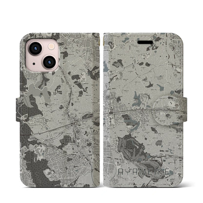 【菖蒲池（奈良県）】地図柄iPhoneケース（手帳タイプ）モノトーン・iPhone 13 mini 用