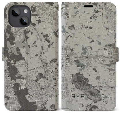 【菖蒲池（奈良県）】地図柄iPhoneケース（手帳タイプ）モノトーン・iPhone 14 Plus 用