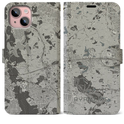 【菖蒲池（奈良県）】地図柄iPhoneケース（手帳タイプ）モノトーン・iPhone 15 Plus 用