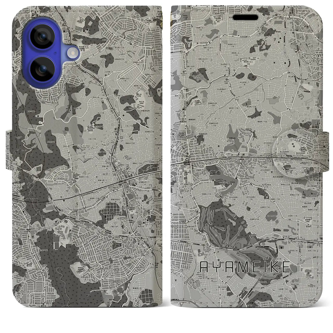 【菖蒲池(奈良県)】地図柄iPhoneケース(手帳タイプ)モノトーン・iPhone 16 Pro Max 用