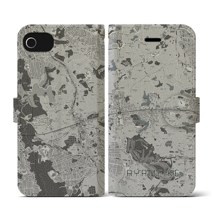 【菖蒲池（奈良県）】地図柄iPhoneケース（手帳タイプ）モノトーン・iPhone SE（第3 / 第2世代） / 8 / 7 / 6s / 6 用