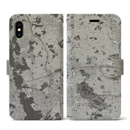 【菖蒲池（奈良県）】地図柄iPhoneケース（手帳タイプ）モノトーン・iPhone XS / X 用