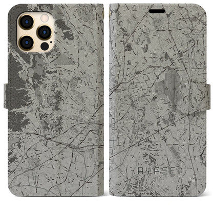 【綾瀬（神奈川県）】地図柄iPhoneケース（手帳タイプ）モノトーン・iPhone 12 Pro Max 用