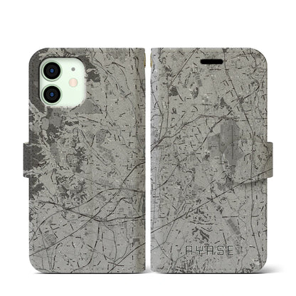 【綾瀬（神奈川県）】地図柄iPhoneケース（手帳タイプ）モノトーン・iPhone 12 mini 用