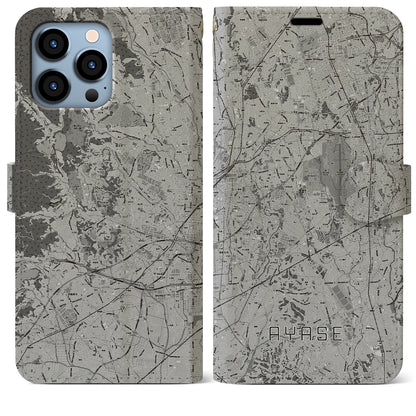 【綾瀬（神奈川県）】地図柄iPhoneケース（手帳タイプ）モノトーン・iPhone 13 Pro Max 用