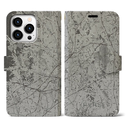 【綾瀬（神奈川県）】地図柄iPhoneケース（手帳タイプ）モノトーン・iPhone 13 Pro 用