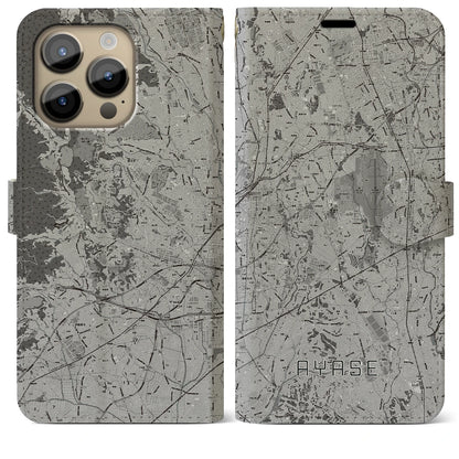 【綾瀬（神奈川県）】地図柄iPhoneケース（手帳タイプ）モノトーン・iPhone 14 Pro Max 用