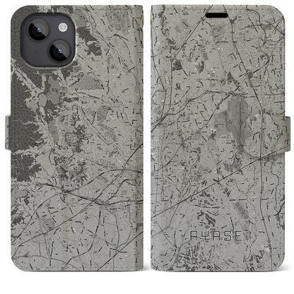 【綾瀬（神奈川県）】地図柄iPhoneケース（手帳タイプ）モノトーン・iPhone 14 Plus 用