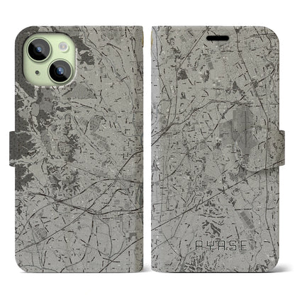 【綾瀬（神奈川県）】地図柄iPhoneケース（手帳タイプ）モノトーン・iPhone 15 用