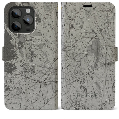 【綾瀬（神奈川県）】地図柄iPhoneケース（手帳タイプ）モノトーン・iPhone 15 Pro Max 用