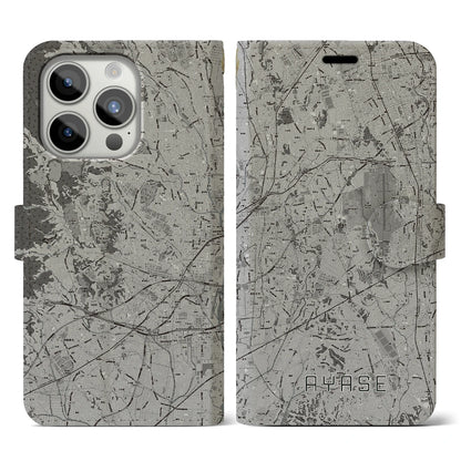 【綾瀬（神奈川県）】地図柄iPhoneケース（手帳タイプ）モノトーン・iPhone 15 Pro 用