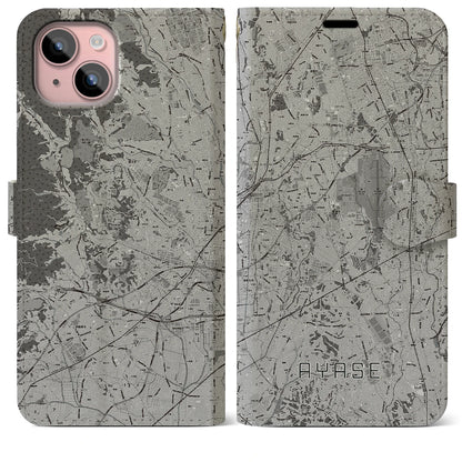 【綾瀬（神奈川県）】地図柄iPhoneケース（手帳タイプ）モノトーン・iPhone 15 Plus 用