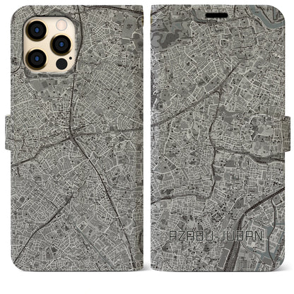 【麻布十番（東京都）】地図柄iPhoneケース（手帳タイプ）モノトーン・iPhone 12 Pro Max 用