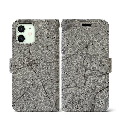 【麻布十番（東京都）】地図柄iPhoneケース（手帳タイプ）モノトーン・iPhone 12 mini 用