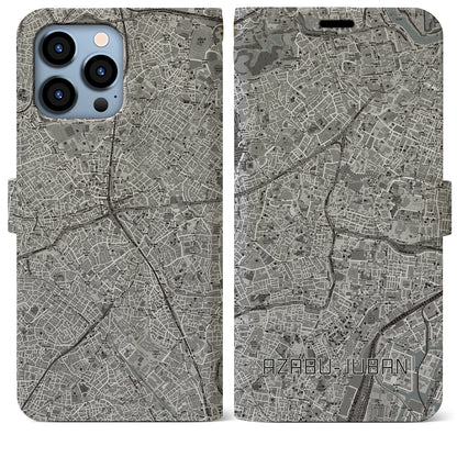 【麻布十番（東京都）】地図柄iPhoneケース（手帳タイプ）モノトーン・iPhone 13 Pro Max 用