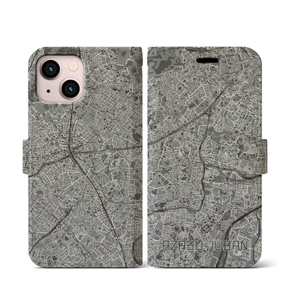 【麻布十番（東京都）】地図柄iPhoneケース（手帳タイプ）モノトーン・iPhone 13 mini 用