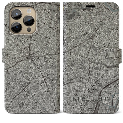 【麻布十番（東京都）】地図柄iPhoneケース（手帳タイプ）モノトーン・iPhone 14 Pro Max 用