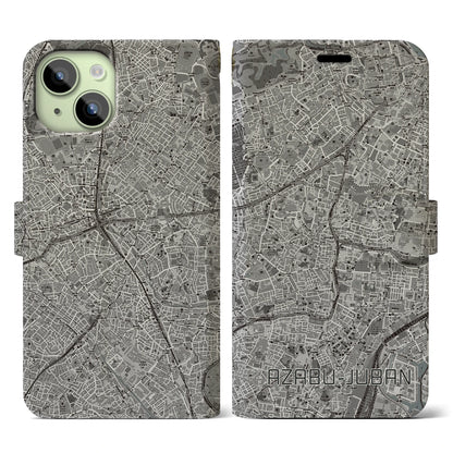 【麻布十番（東京都）】地図柄iPhoneケース（手帳タイプ）モノトーン・iPhone 15 用