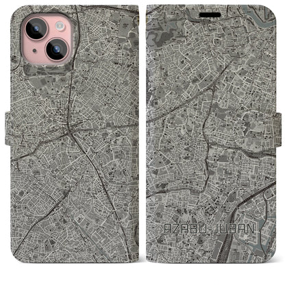 【麻布十番（東京都）】地図柄iPhoneケース（手帳タイプ）モノトーン・iPhone 15 Plus 用