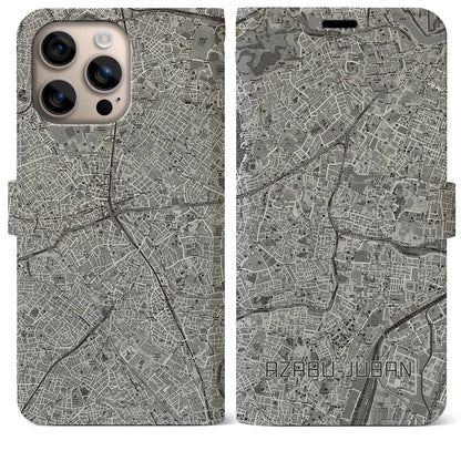 【麻布十番（東京都）】地図柄iPhoneケース（手帳タイプ）モノトーン・iPhone 16 Plus 用