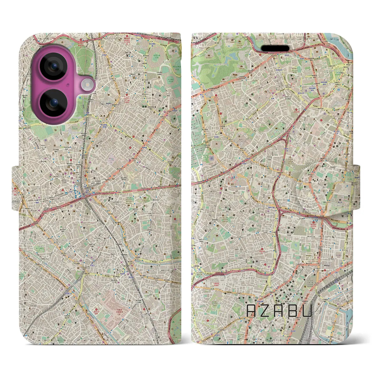 【麻布（東京都）】地図柄iPhoneケース（手帳タイプ）ナチュラル・iPhone 16 Pro 用