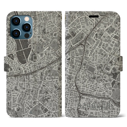 【麻布台（東京都）】地図柄iPhoneケース（手帳タイプ）モノトーン・iPhone 12 / 12 Pro 用