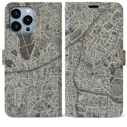 【麻布台（東京都）】地図柄iPhoneケース（手帳タイプ）モノトーン・iPhone 13 Pro Max 用