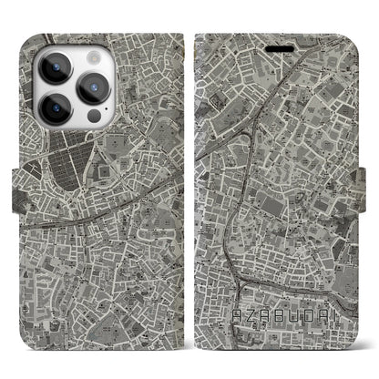 【麻布台（東京都）】地図柄iPhoneケース（手帳タイプ）モノトーン・iPhone 14 Pro 用