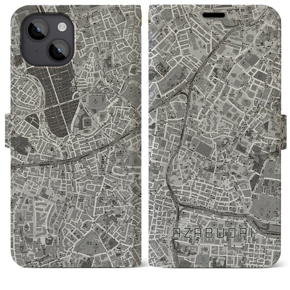 【麻布台（東京都）】地図柄iPhoneケース（手帳タイプ）モノトーン・iPhone 14 Plus 用