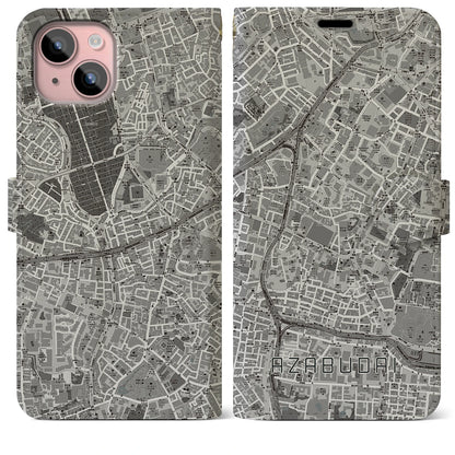 【麻布台（東京都）】地図柄iPhoneケース（手帳タイプ）モノトーン・iPhone 15 Plus 用