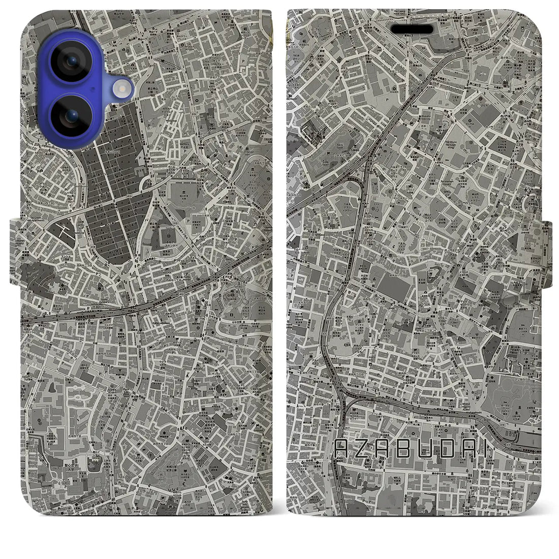 【麻布台(東京都)】地図柄iPhoneケース(手帳タイプ)モノトーン・iPhone 16 Pro Max 用