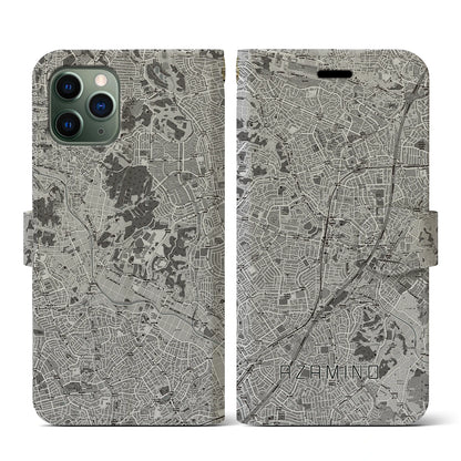 【あざみ野（神奈川県）】地図柄iPhoneケース（手帳タイプ）モノトーン・iPhone 11 Pro 用