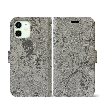 【あざみ野（神奈川県）】地図柄iPhoneケース（手帳タイプ）モノトーン・iPhone 12 mini 用