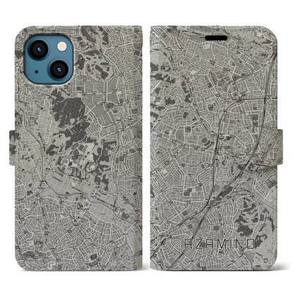 【あざみ野（神奈川県）】地図柄iPhoneケース（手帳タイプ）モノトーン・iPhone 13 用