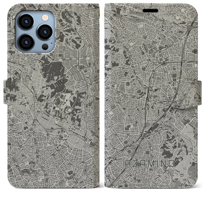 【あざみ野（神奈川県）】地図柄iPhoneケース（手帳タイプ）モノトーン・iPhone 13 Pro Max 用