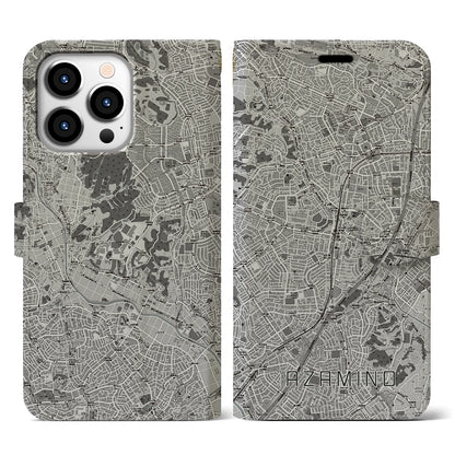 【あざみ野（神奈川県）】地図柄iPhoneケース（手帳タイプ）モノトーン・iPhone 13 Pro 用