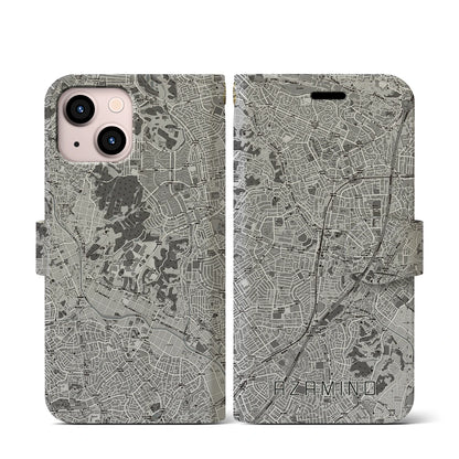 【あざみ野（神奈川県）】地図柄iPhoneケース（手帳タイプ）モノトーン・iPhone 13 mini 用