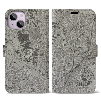 【あざみ野（神奈川県）】地図柄iPhoneケース（手帳タイプ）モノトーン・iPhone 14 用