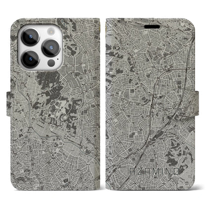 【あざみ野（神奈川県）】地図柄iPhoneケース（手帳タイプ）モノトーン・iPhone 14 Pro 用