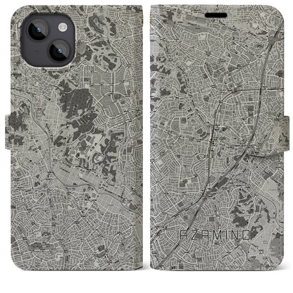 【あざみ野（神奈川県）】地図柄iPhoneケース（手帳タイプ）モノトーン・iPhone 14 Plus 用