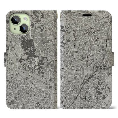 【あざみ野（神奈川県）】地図柄iPhoneケース（手帳タイプ）モノトーン・iPhone 15 用