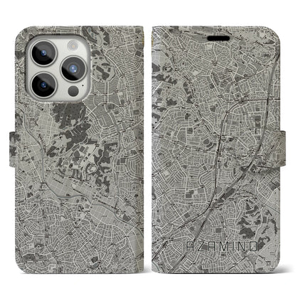 【あざみ野（神奈川県）】地図柄iPhoneケース（手帳タイプ）モノトーン・iPhone 15 Pro 用