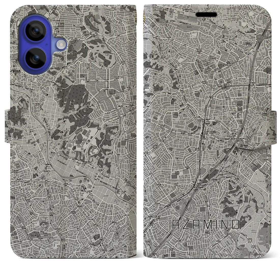 【あざみ野(神奈川県)】地図柄iPhoneケース(手帳タイプ)モノトーン・iPhone 16 Pro Max 用